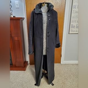 Long Faux Suede, Black hooded winter coat.